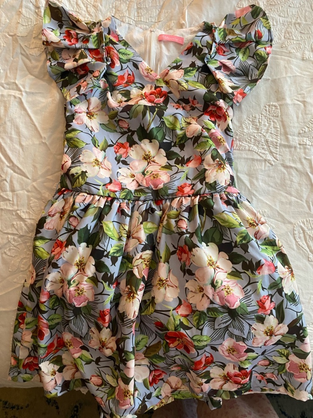 Sz 9-10, girls, Floral Fit-and-Flare Dress in Blue with Pink & Green Accents